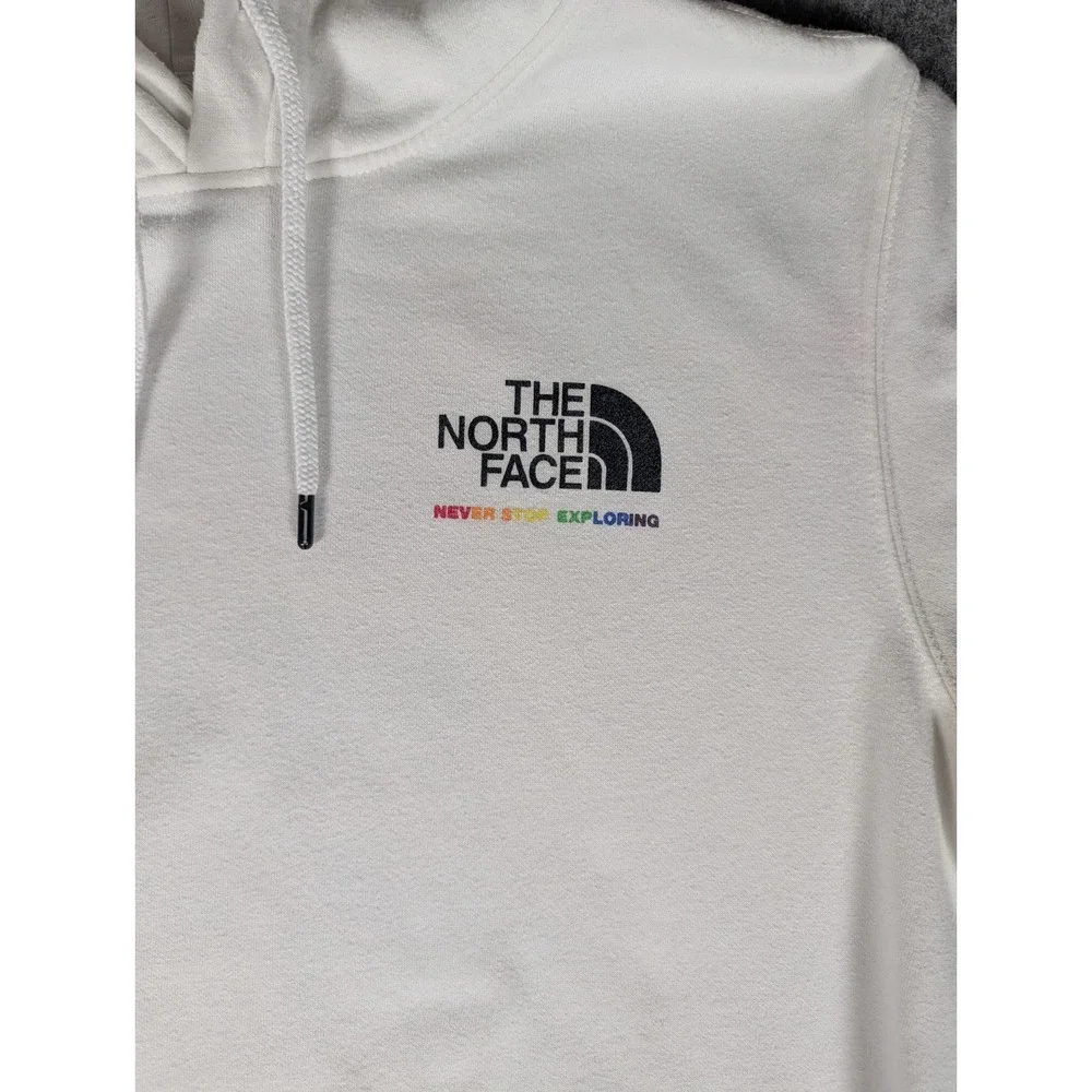 The North Face Mens White Rainbow Logo Hoodie Mountain Graphic Pullover L